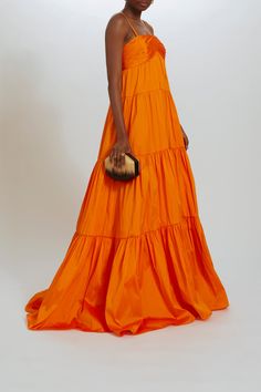 Taffeta ruched bodice trapeze gown with gathered tier skirt. Pockets in skirt. Shown in Tangerine. Amsale Dress, Skirt Pockets, Dream Dresses, Summer Soiree, Trapeze Dress, Ruched Bodice, Little White Dresses, Tier Skirt, Underworld