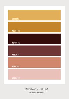 the color scheme for mustard and plum is shown in shades of brown, pink, yellow,