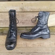 "Vintage 70s Vietnam Grunge Punk Black Leather Military Issue Combat Moto Boots Size Men's 6 WIDE Can fit a woman's 8.5 WIDE  Great used vintage condition, see pictures for signs of wear consistent with vintage leather Combat Boots Genuine Black Full Grain Leather Uppers with amazing Grunge distressing 1.25\" Thick Chunky Lowers Thick Tread for great traction 8 eye Lace-up front closure Round toe Soft toe 9\" shaft height Manufactured 1973 Punk Rock Grunge Streetwear Motorcycle Moto Combat Goth Gothic Witch Witchy Urban Hip Hop Hypebeast Street Style Skater Hipster Gorpcore Work-Utility Wear Construction Farm Farmer Barn Chore Mountain Man Sustainable Mall Rat Activist Police Military" Vintage High-top Boots, Vintage Leather High-top Moto Boots, Vintage Leather Combat Boots With Steel Toe, Vintage Moto Boots With Steel Toe, Vintage Leather Moto Boots With Steel Toe, Vintage Black Combat Boots For Winter, Vintage Steel Toe Boots For Fall, Vintage Winter Combat Boots With Round Toe, Vintage High-top Moto Boots For Winter