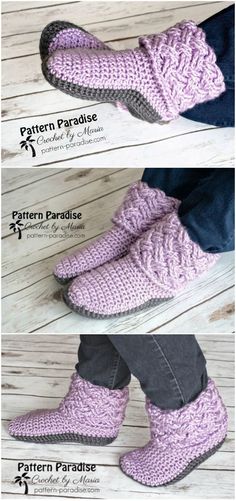 crocheted slippers are shown in three different colors and sizes, with text describing the