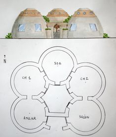 an architectural drawing of two domes with trees growing out of them