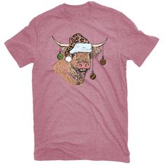 Holiday themed ladies T-shirt. 140 GSM 60/40 Cotton Polyester Jersey. Front chest graphic with Highland Christmas Cow. Lowe's Women's Pink Knit Short Sleeve T-shirt (X-large) Polyester | HLPL-12981 HRL XL Highland Christmas, Christmas Cow, Pink Knit, Ladies T Shirt, Knit Short, Knit Shorts, Knitting Women, Pink Ladies, Cow