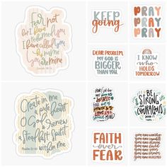 six stickers with different words and phrases on them, including one that says faith