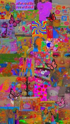 a collage of many different images with butterflies and flowers on them, all in bright colors