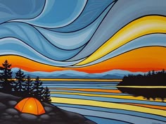 a painting of a tent on the edge of a lake