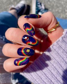 Mario Kart Rainbow Road Nails, Rainbow Road Nails, Purple Festival Nails, Mario Cart Nails, Nerdy Nail Art, Mario Kart Nails, Video Game Nails, Kawaii Nail Designs, Mario Nails