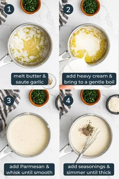 the steps to make an easy cream sauce recipe with ingredients in bowls and spoons