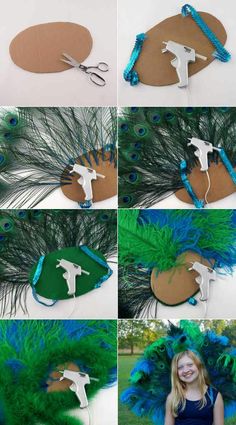 the process of making a peacock headband with feathers and scissors is shown in four different pictures