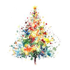 a watercolor painting of a christmas tree with colorful splatters on the top