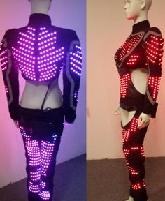 two mannequins with different colored lights on them, one in black and the other in red