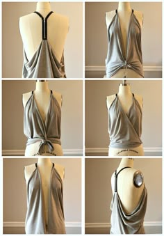 six images of different ways to tie a top with a belt around the neck and back