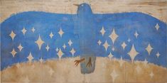 an abstract painting with stars and a blue bird on it's back, against a beige background