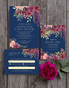 an image of wedding stationery with flowers on the front and back, along with a pink flower