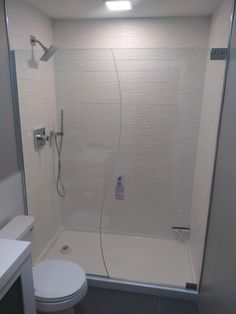 a white toilet sitting next to a walk in shower