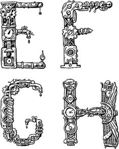 the letter e is made up of pipes and valves, vintage line drawing or engraving illustration