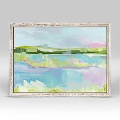 an abstract painting with blue, green and pink colors on the water in a white frame