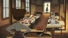 a woman standing in front of a classroom full of desks with pigs on them