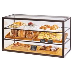 a display case filled with lots of different types of breads and pastries on wooden trays