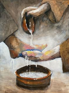 an oil painting of a person pouring water into a bowl with their hands on it