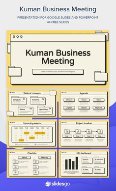 the kuman business meeting flyer is shown in blue and yellow colors, with an image of