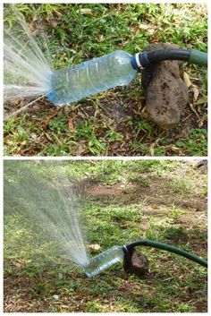 two pictures of a water hose spewing out dirt and grass