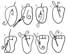 the instructions for how to draw an apple with scissors and thread on it, in three different ways