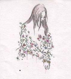 a drawing of a woman with long hair and flowers on her shoulders, standing in front of a white background