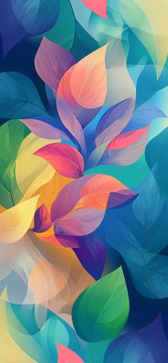 an abstract painting of colorful leaves on a blue background