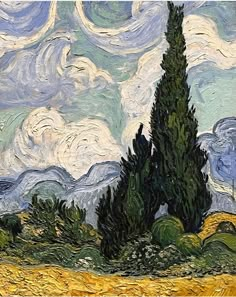 an image of a painting with clouds in the sky behind trees and grass on the ground