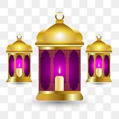 three golden lanterns with purple lights on them, one is lit and the other has two candles