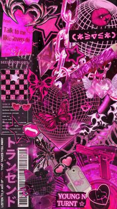 a collage of pink and black images with hearts, arrows, and other things