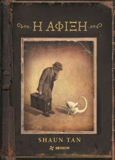 a book cover with an image of a man standing next to a bird and holding a suitcase