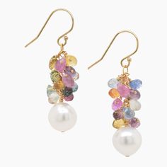 Gold, Pearl & Stone Earrings - These fabulous, eye-catching earrings boast multi-colored sapphire briolettes clustered together with white freshwater pearls or black Tahitian pearls. Dangling from handmade chains, they feature gold-filled ear wires. Pearl Briolette Earrings, Multicolor Pearl Wedding Jewelry, Elegant Multicolor Jewelry With Pearl Charm, Elegant Multicolor Pearl Charm Jewelry, Elegant Multicolor Pearl Drop Earrings, Festive Multicolor Pearl Drop Earrings, Multicolor Pearl Drop Earrings, Luxury Multicolor Pearl Drop Jewelry, Elegant Multicolor Dangle Pearl Earrings