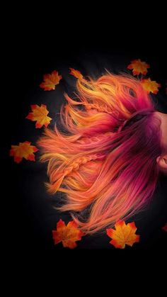 Colored Hair Updo, Vibrant Autumn Hair Color, Fire Color Hair Ombre, Ombre Fantasy Hair, Fun Fall Colors For Hair, Fire Inspired Hair Color, Vivid Hair Colors For Fall, Sunset Hair Color Ombre Fire, Fall Hair Ideas 2023