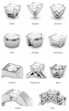 Never know what setting style to ask for when picking out a ring? We're here to help. Know what your asking for, so you get the ring you've always dreamed of. Single Stone Setting Styles The top row of the above image indicates 3 different kinds of prong settings. The first is the classic, basket setting. There are four (sometimes six or eight) prongs supported by a ring or two of metal for added support. The second is a peg head. These settings tend to stick up higher off the rest of th Collet Setting Ring, Single Diamond Ring Designs, Types Of Ring Settings, Single Diamond Ring, Types Of, Art Jewelry Design, Single Stone Ring