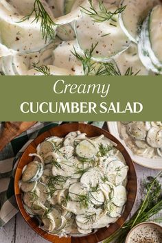 There are two images. The top image is a close up of old fashioned creamy cucumber salad with mayo and dill. The bottom image is a wooden bowl filled with the finished recipe. There is a smaller white plate with some creamy cucumber salad on it and some fresh dill. Picnic Salad, Pastry Puff, Dill Dressing, Salad Dressing Recipes Homemade, Healthy Salad Dressing, Cucumber Recipes Salad