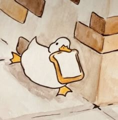 a drawing of a duck on the ground next to some bricks and cement blocks,