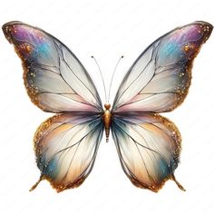 a colorful butterfly with gold and blue wings on it's back legs, flying in the air