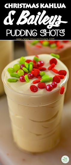 christmas kahlua and bailey's pudding shots with candy toppings on top