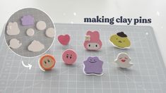 there are many different shapes and sizes of clay pins on the table with text overlay that says making clay pins