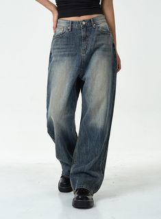 Washed Denim Pants CG10 - Lewkin Faded Baggy Mid-rise Jeans, Grunge Style Straight Leg Jeans In Medium Wash, Grunge Style Straight Leg Medium Wash Jeans, Grunge Straight Leg Medium Wash Jeans, High Rise Grunge Jeans In Denim Blue, High Rise Grunge Denim Blue Jeans, High Rise Grunge Denim Jeans, Grunge Denim Blue Pants, Baggy Medium Wash Grunge Bottoms