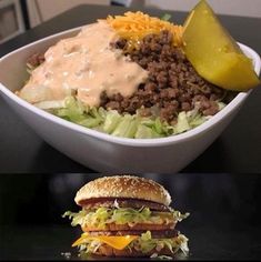 two pictures one has a hamburger and the other has a salad with cheese on it