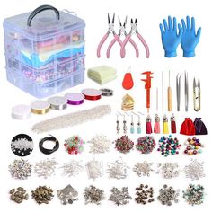 various crafting supplies and tools are shown in this image, including scissors, thread, beads, bead hooks, bracelets