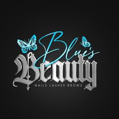 the logo for blue's beauty nails lashes and brows, with butterflies on it