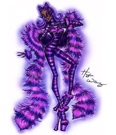 a drawing of a woman dressed in purple and black with feathers on her legs, holding a cell phone