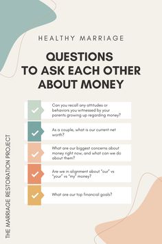 a poster with the words, questions to ask each other about money and an image of a