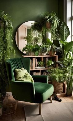 a living room with green walls and lots of potted plants in the corner, along with a round mirror on the wall