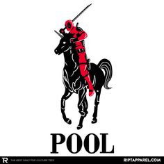 a black and red horse with the word pool on it's back side, in front of a white background