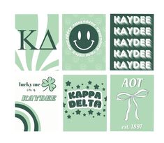 four green and white greeting cards with different designs