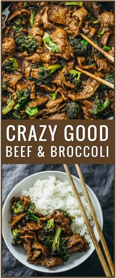 beef and broccoli stir fry in a white bowl with chopsticks